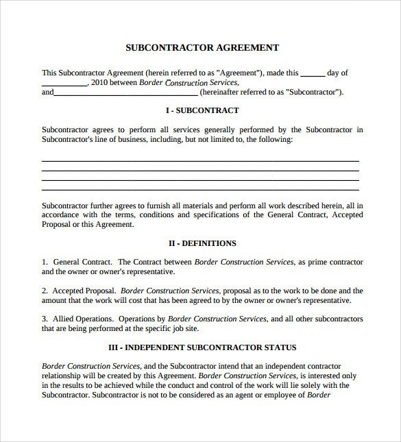 Sample Subcontractor Agreement 14 Documents in PDF Word