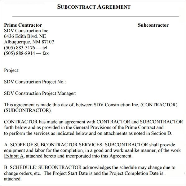 Sample Subcontractor Agreement 17 Free Documents