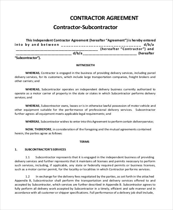 Sample Subcontractor Agreement 9 Examples in PDF Word