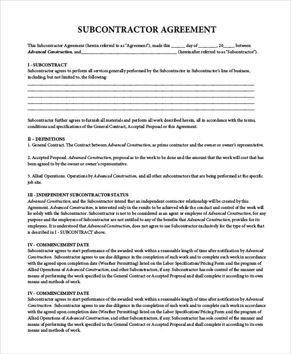 Sample Subcontractor Agreement 9 Examples in PDF Word
