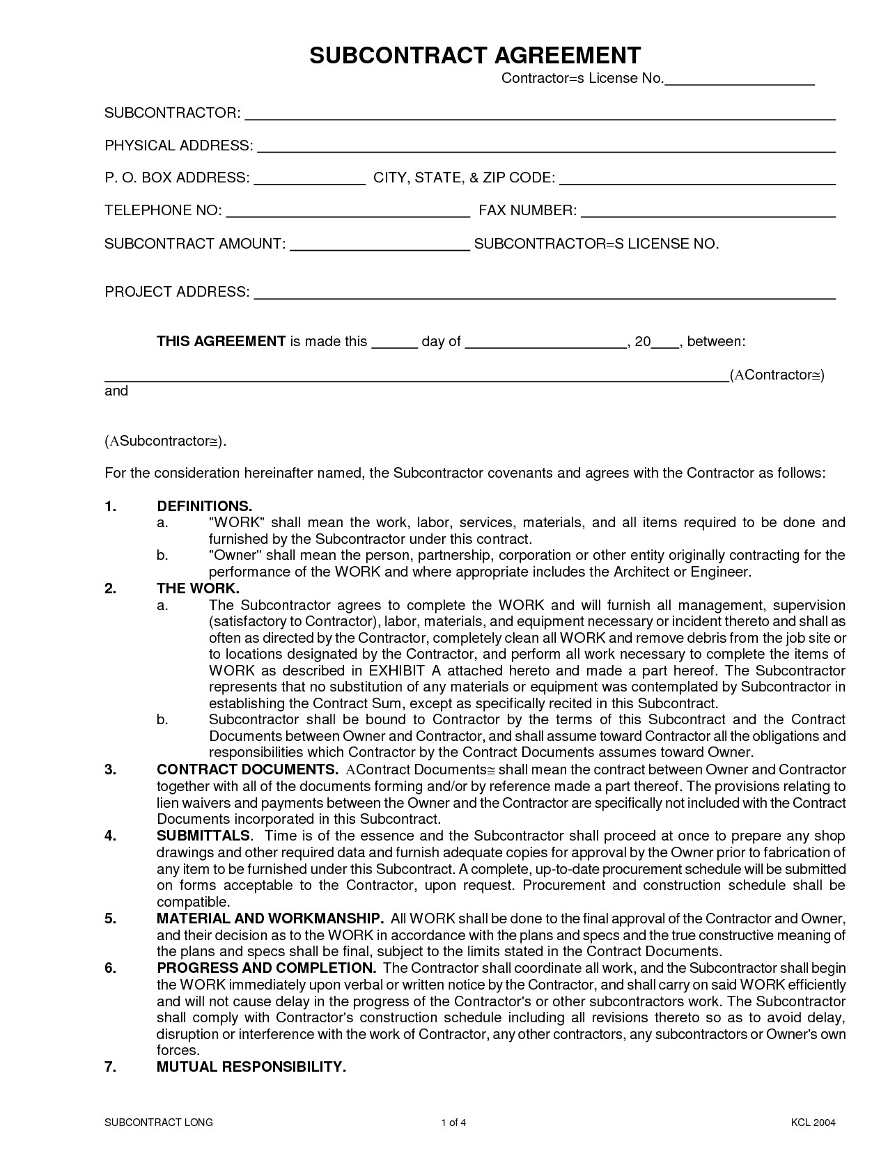 Search Results Sub Subcontractor Agreement