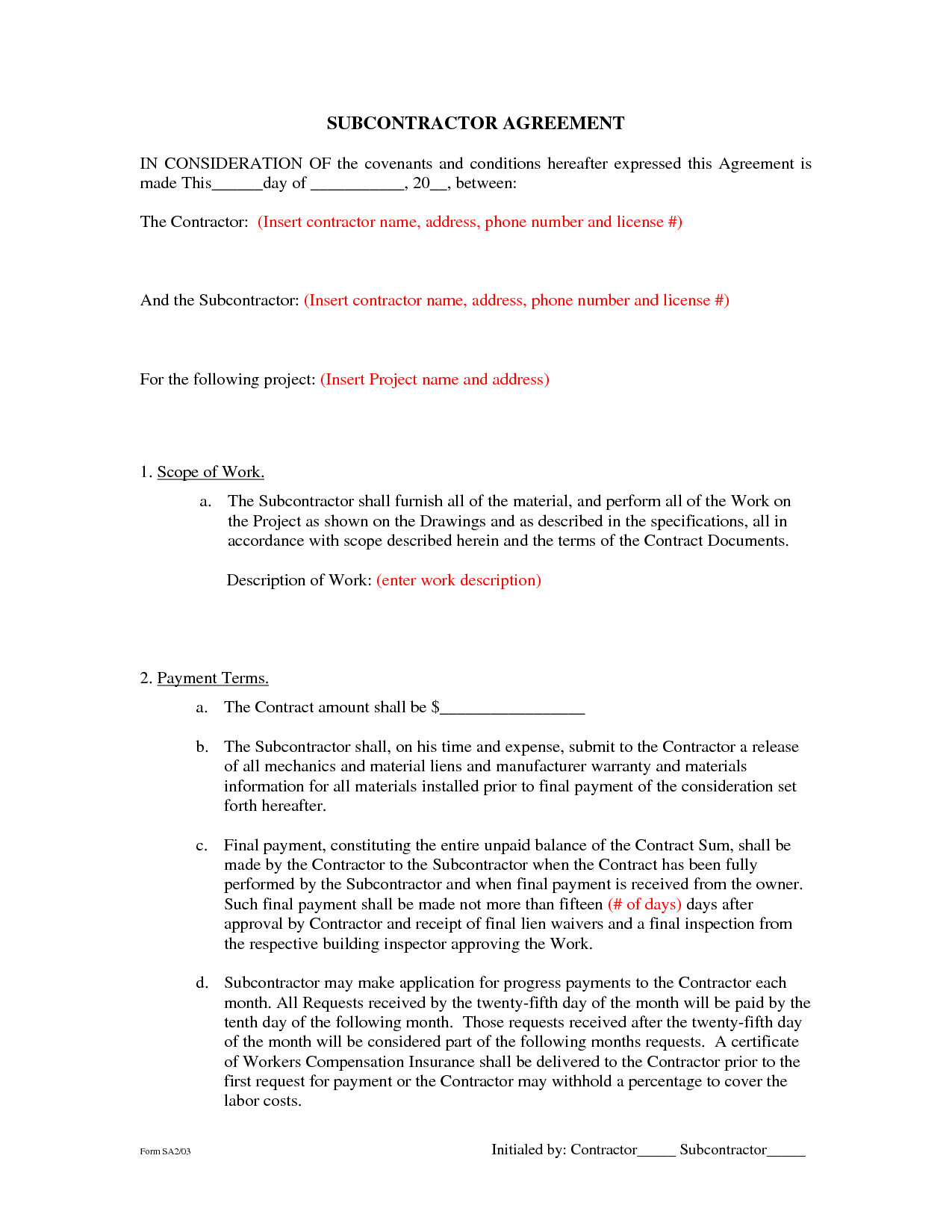 Subcontractor Agreement Forms by BeunaventuraLongjas