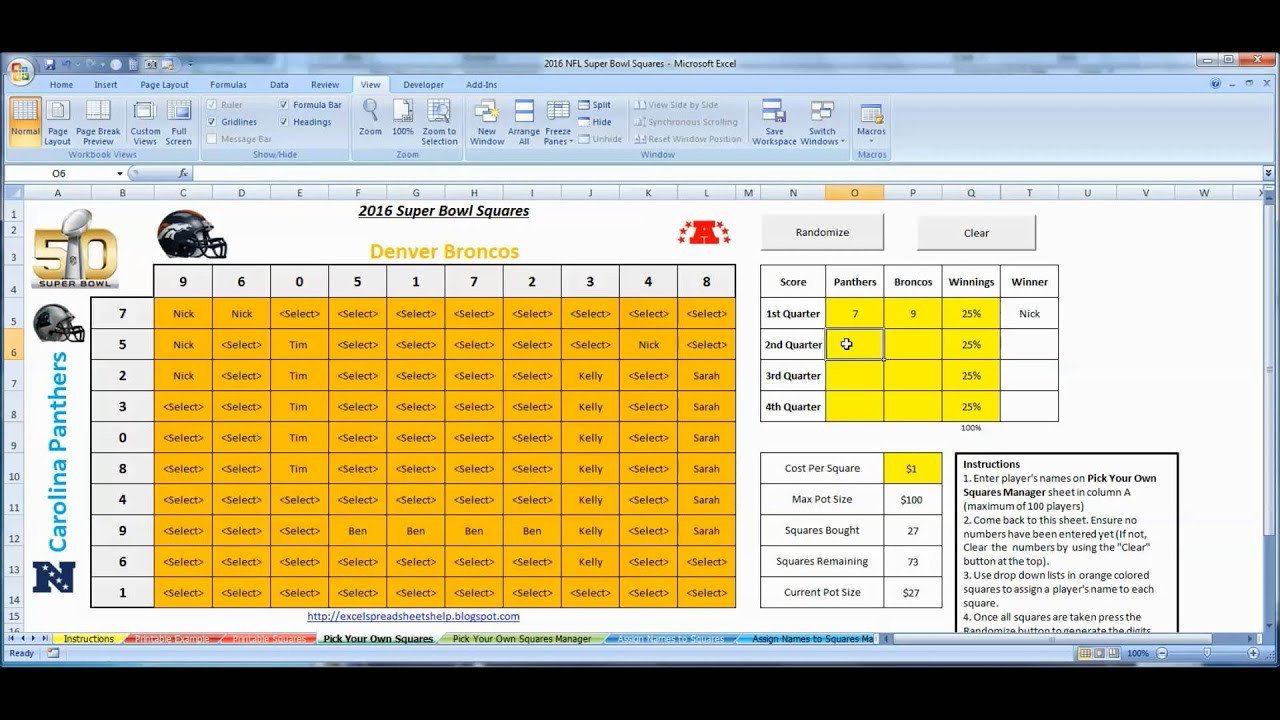 Super Bowl Squares 2016 Excel Template for fice Pools
