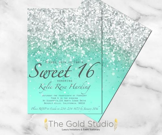 Sweet 16 invitation Sweet sixteen mint green Glitter invite