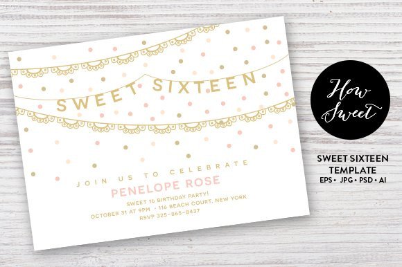 Sweet Sixteen Party Card EPS Invitation Templates
