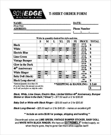 T Shirt Order Form Sample 7 Free Documents in PDF