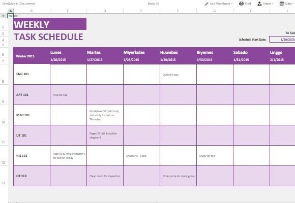 Weekly Task List Template for Excel line