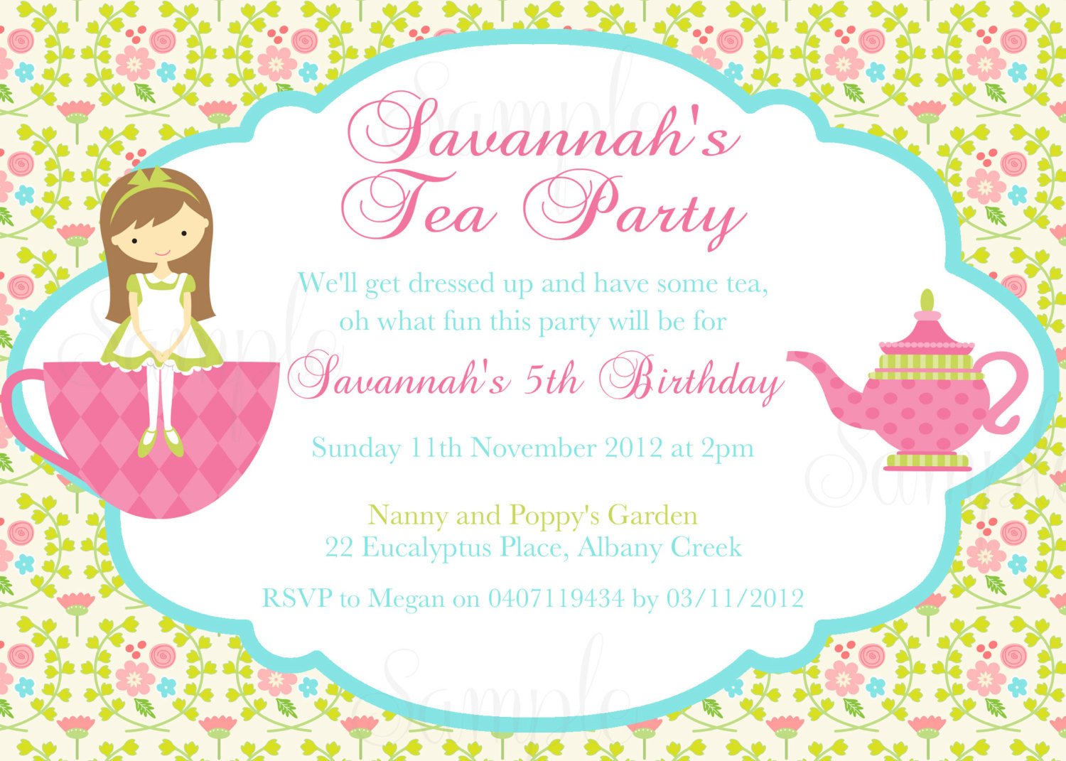 Tea Party Birthday Theme Printable Invitation and Gift Favor