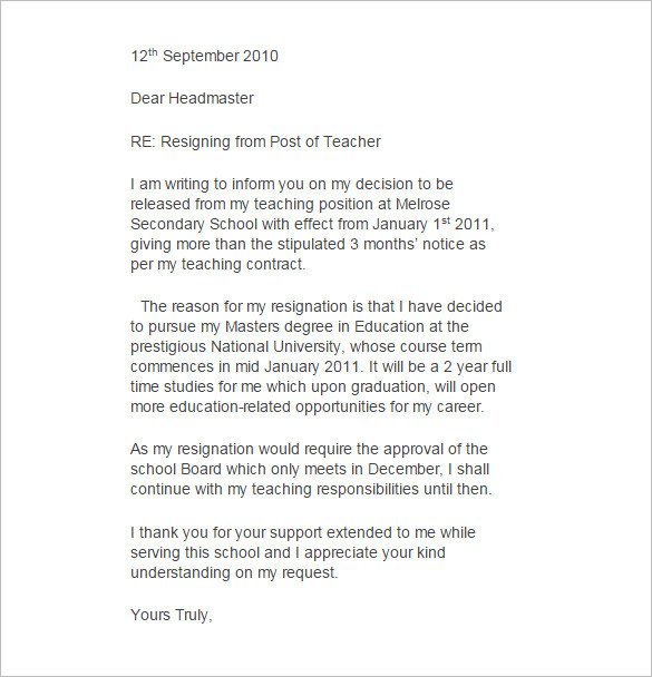 11 Teacher Resignation Letter Templates – Free Sample