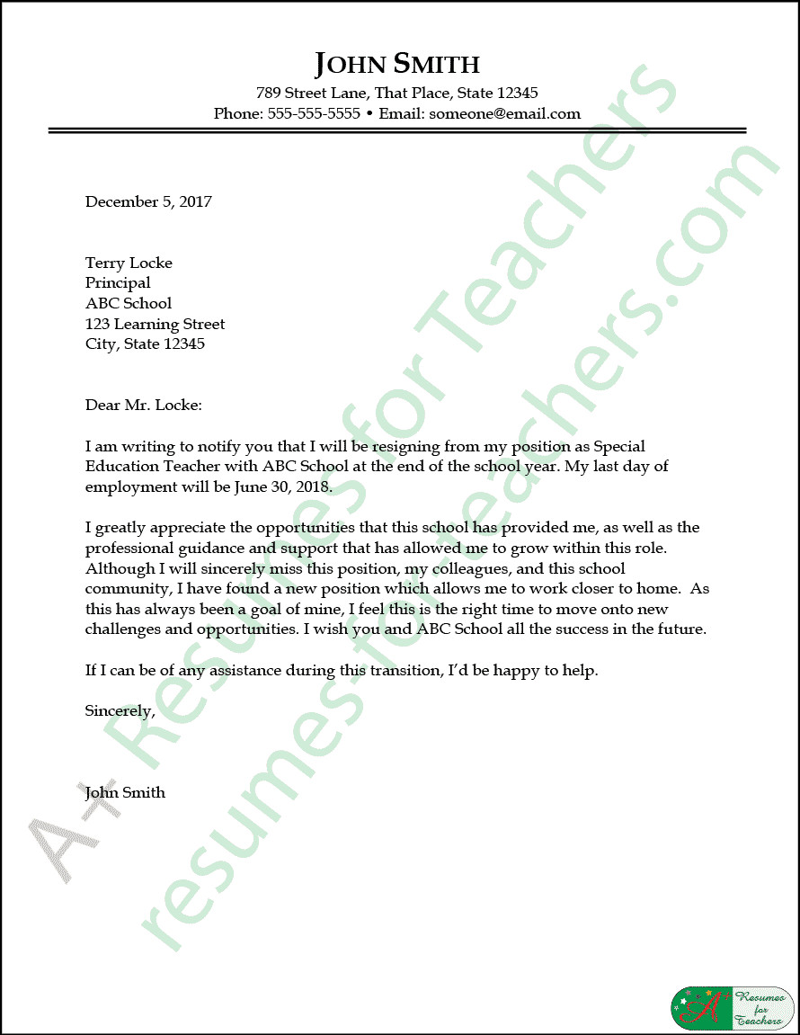 Education Resignation Letter Sample ELKO