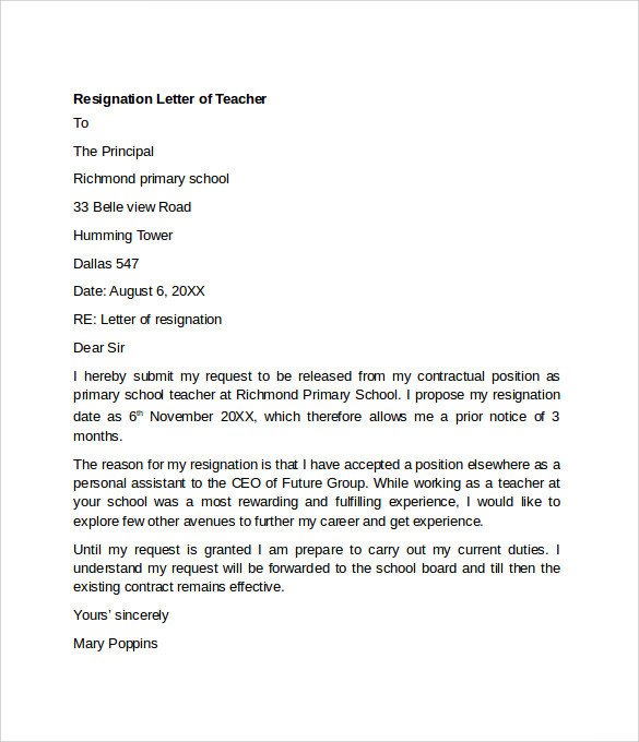 Sample Resignation Letter Example 10 Free Documents
