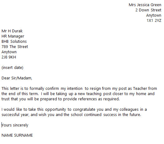 Teacher Resignation Letter Example toresign