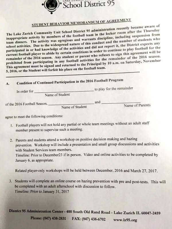 Letter Lake Zurich High football players disciplined for
