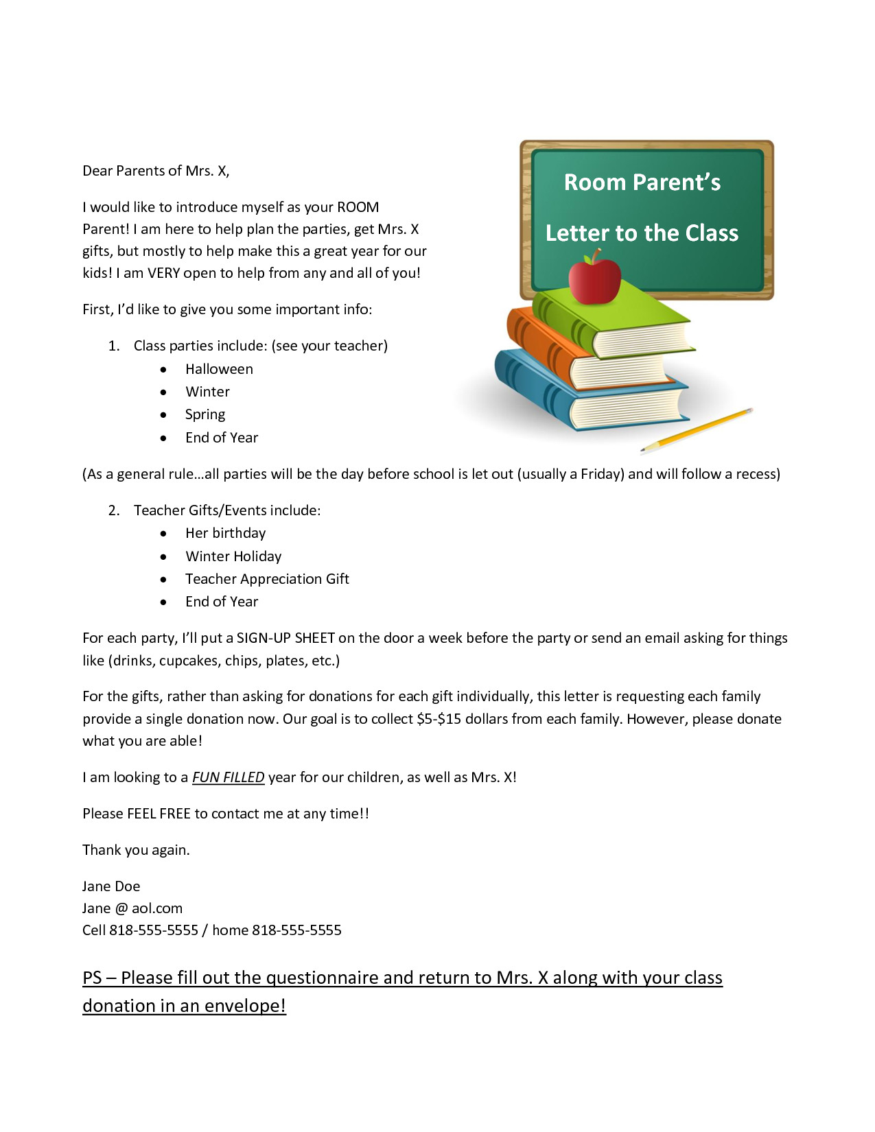 room mom introduction letter Google Search …