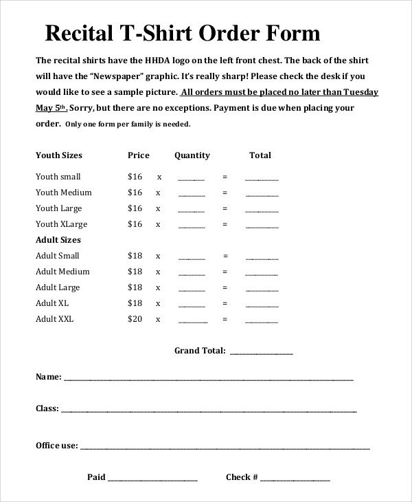 Sample T Shirt Order Form 11 Examples in PDF Word