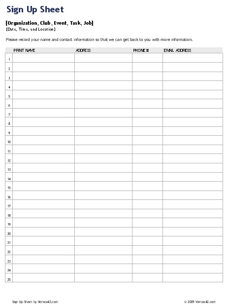 Download the Sign Up Sheet Template from Vertex42