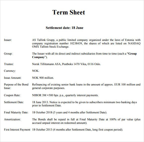 Sample Term Sheet 6 Example Format