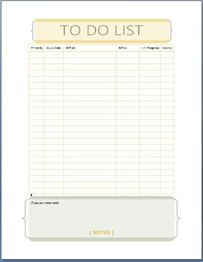 MS word Personal Tasks To do List Template