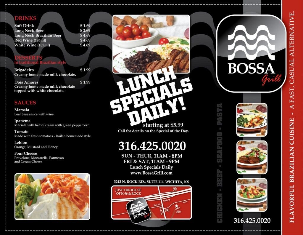 Bossa Grill to go menu design This is a tri fold brochure
