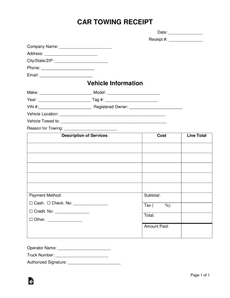 Free Vehicle Towing Receipt Template Word PDF