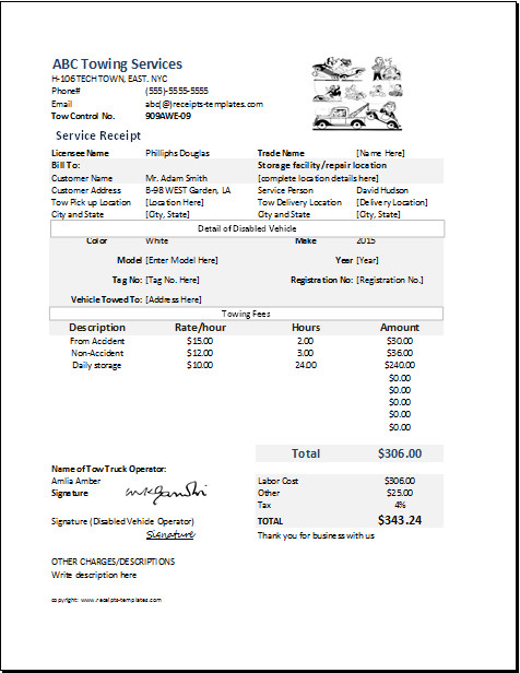 MS Excel Towing Service Receipt Template