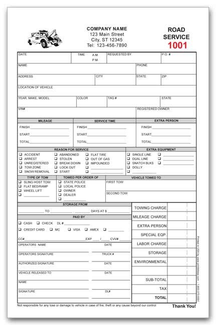 Road Side Service and Towing Invoice Form