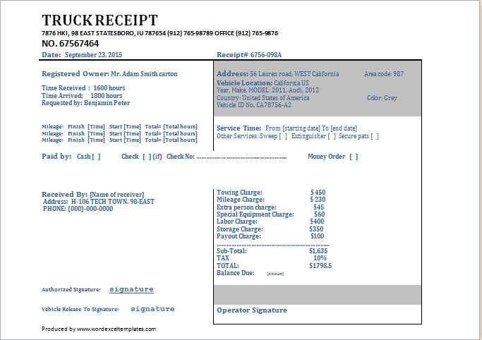 TOW TRUCK RECEIPT TEMPLATE for Word