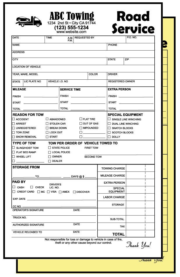 Towing Invoices Receipts Custom Printed 2 part NCR