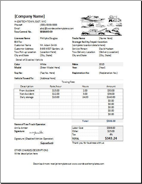 Towing Service Receipt Template for EXCEL