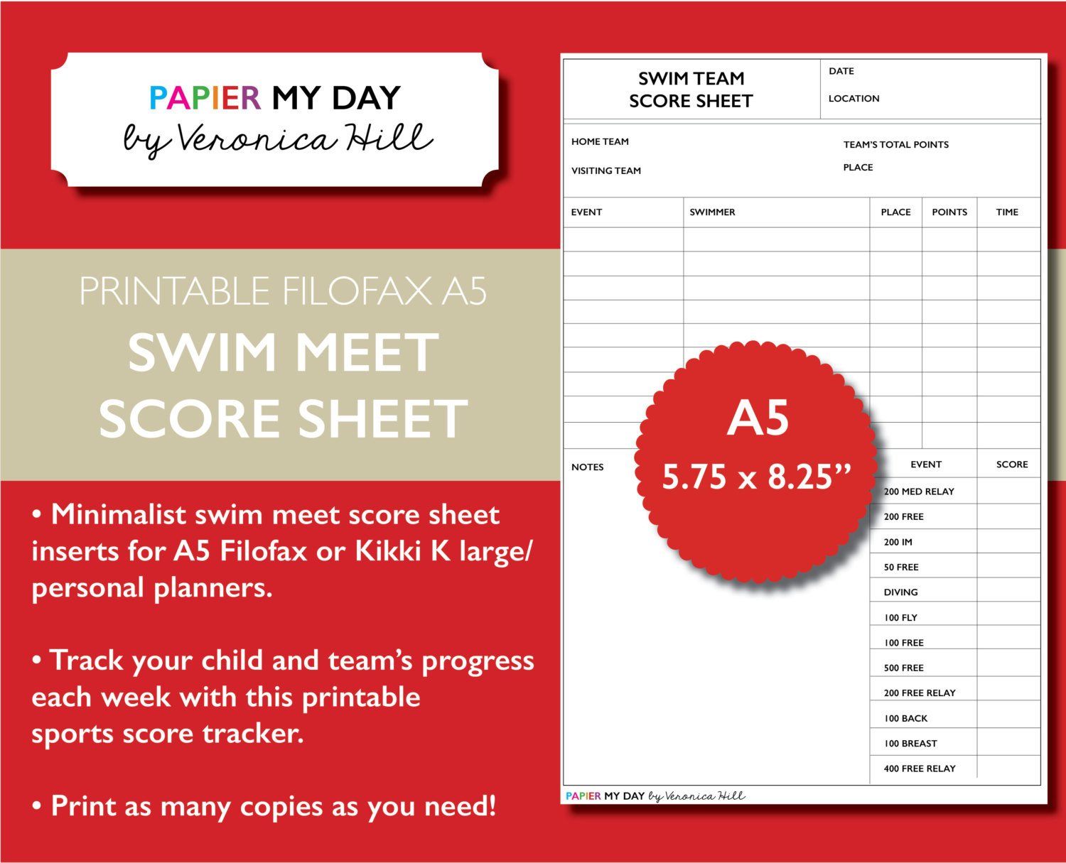 Printable A5 Filofax Swim Meet Score Sheet Swim Meet Score