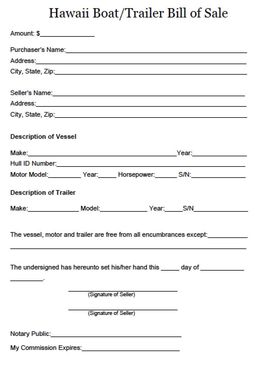 Free Hawaii Boat and Trailer Bill of Sale Form