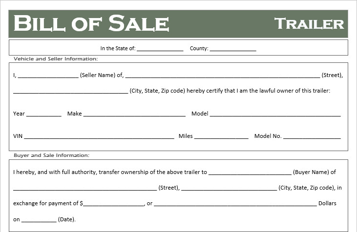 Free Printable Trailer Bill of Sale All States f