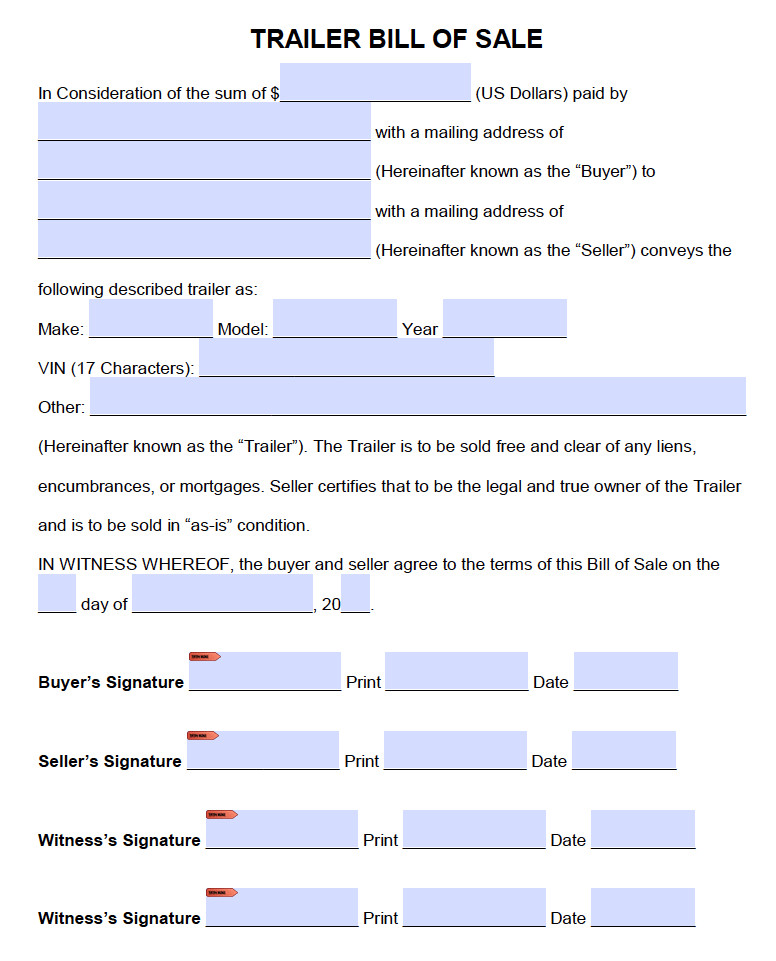 Free Trailer ONLY Bill of Sale Form PDF
