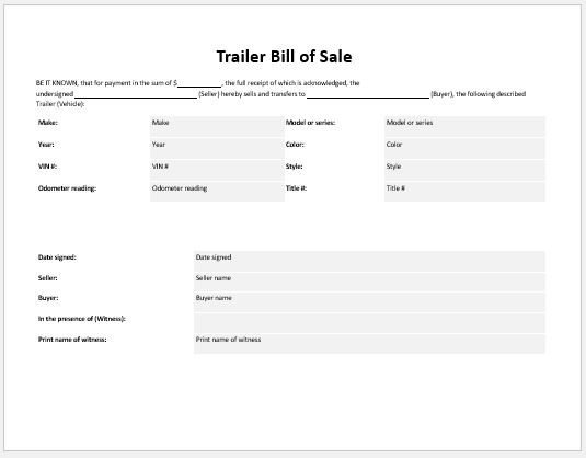 Trailer Bill of Sale Templates for MS Word