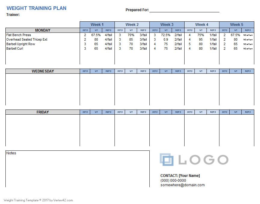 Weight Training Plan Template for Excel