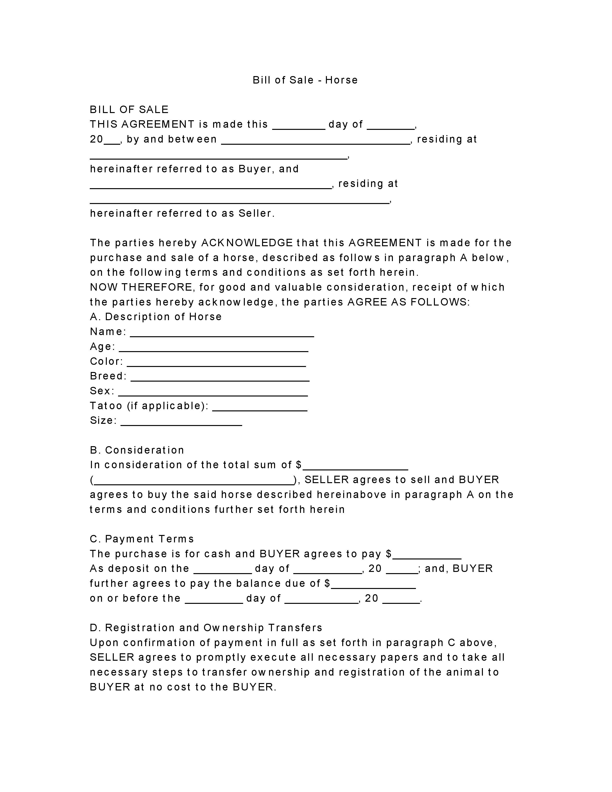 Free Horse Bill of Sale Form PDF