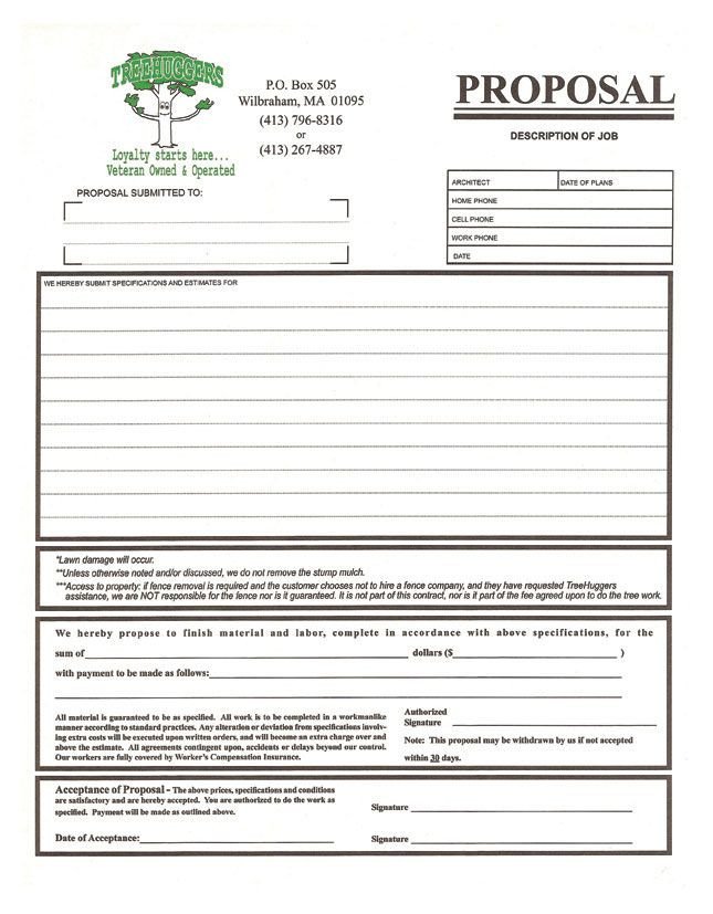 3 part Proposal Form for a tree removal pany