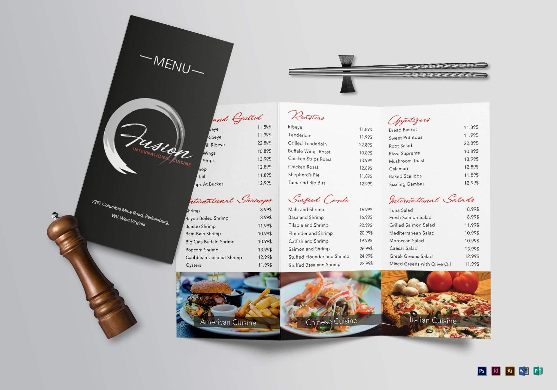 Cuisine Tri fold Menu Design Template in PSD Word