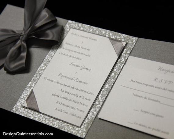 Pewter Embossed Pebble Wedding Tri Fold Invitation Suite
