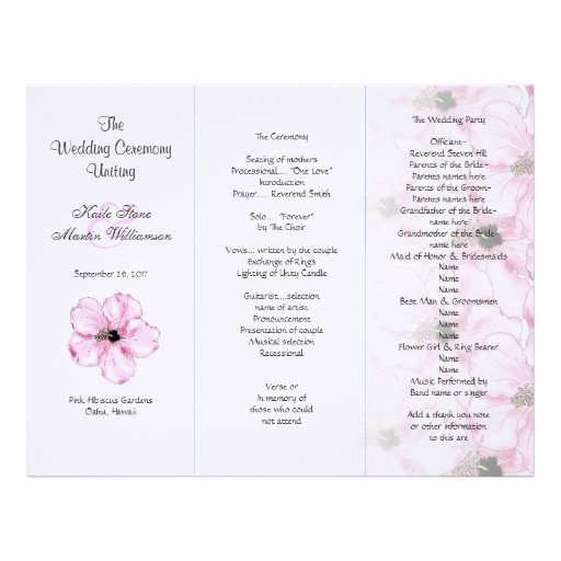Pink Hibiscus Tri Fold Wedding Program Templates