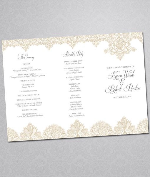 DIY Pearls and Lace wedding program tri fold template