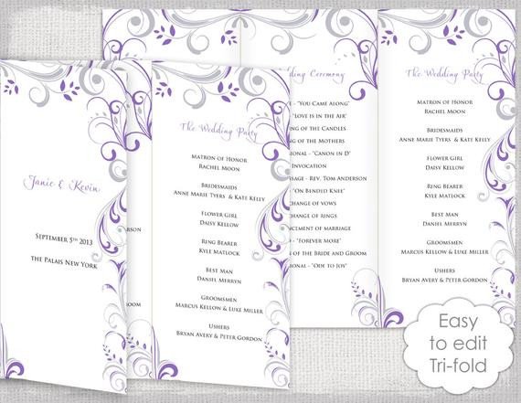 Trifold Wedding program template Wisteria and silver