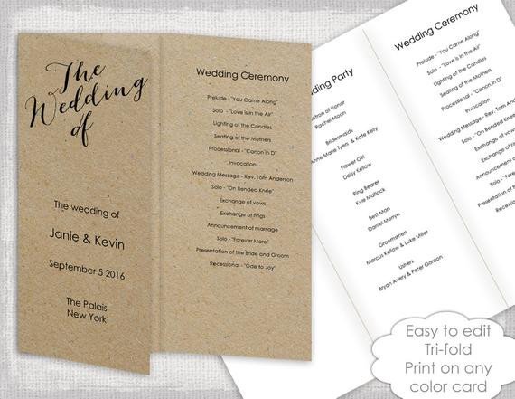 Wedding programs instant template Trifold calligraphy