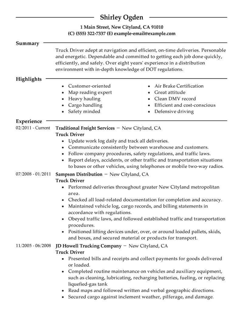Best Truck Driver Resume Example