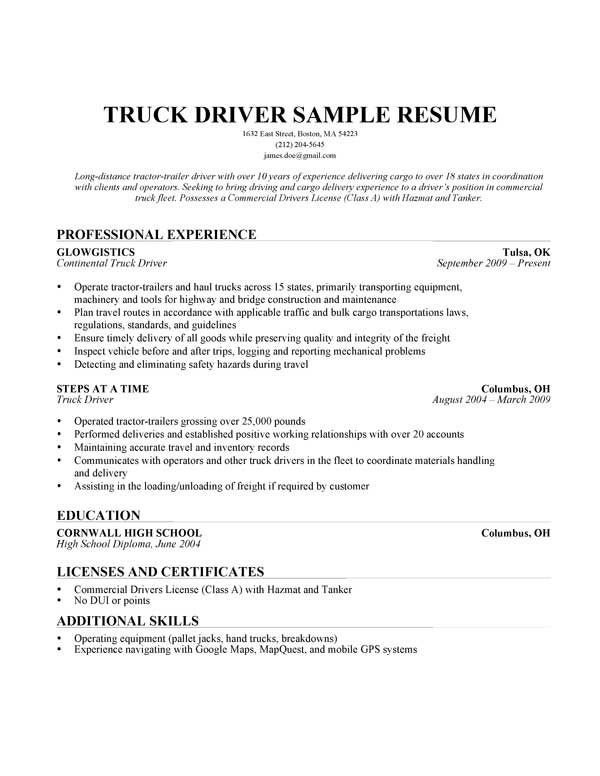 Truck Driver Resume Sample Trucking
