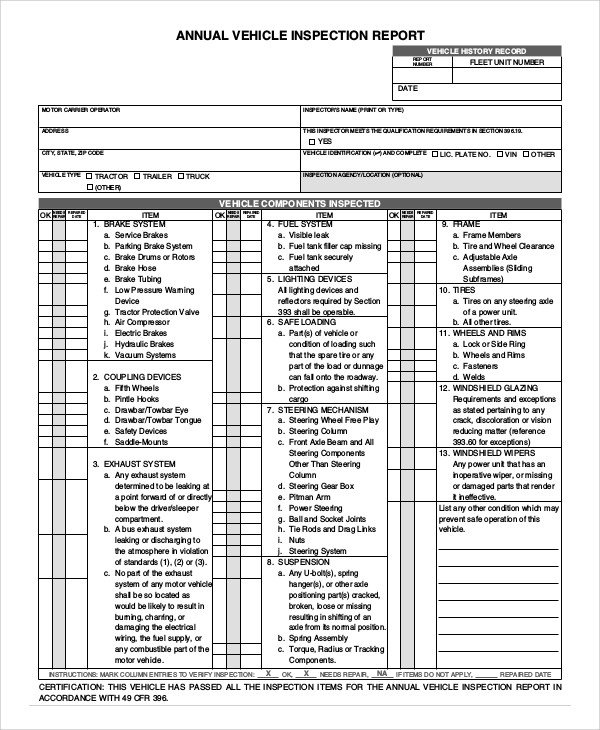8 Vehicle Inspection Forms PDF Word