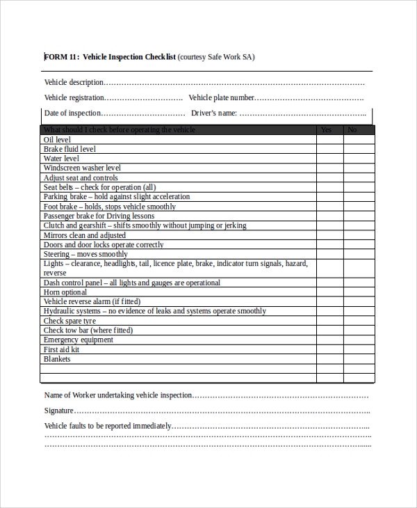 8 Vehicle Inspection Forms PDF Word