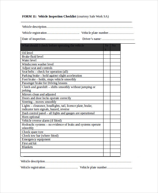 Daily Vehicle Inspection Checklist Template Templates