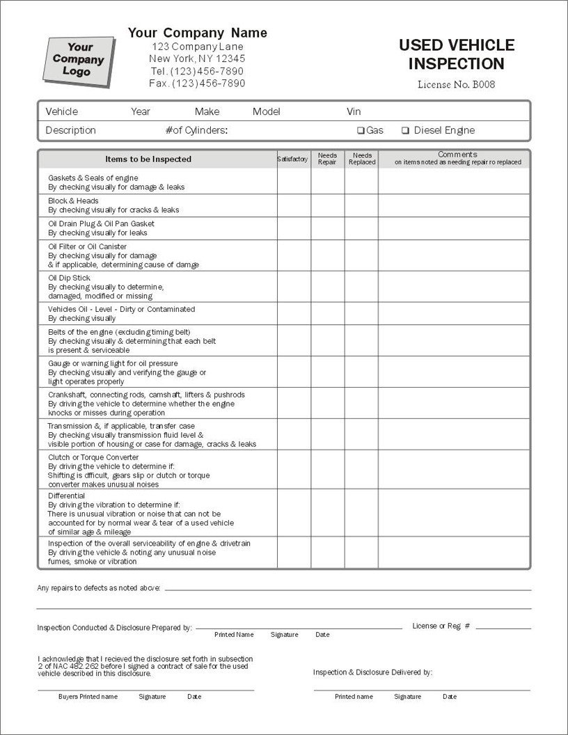 Used Vehicle Inspection Form Item 7802 Condition