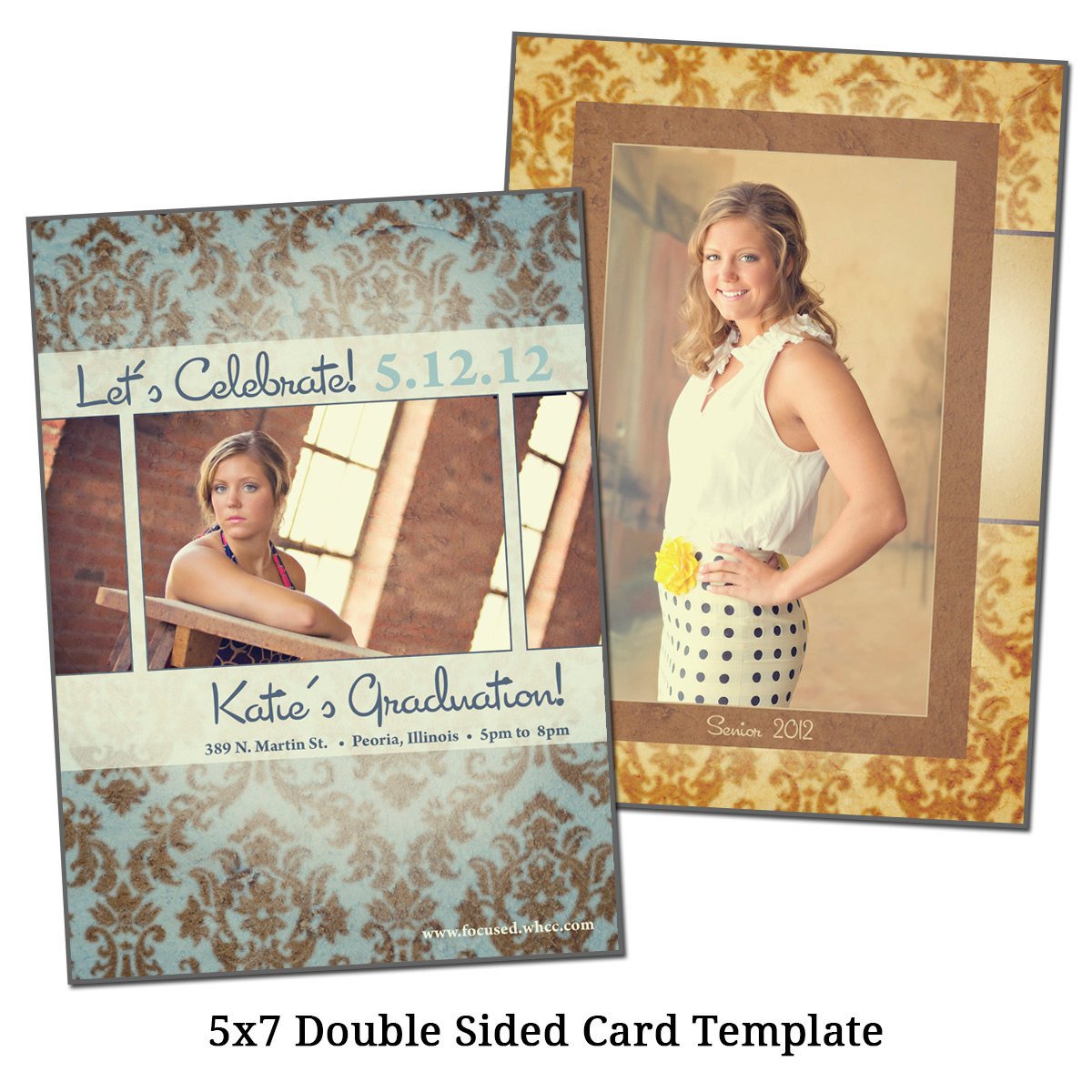 5x7 Double Sided Card Template SENIOR DAMASK by